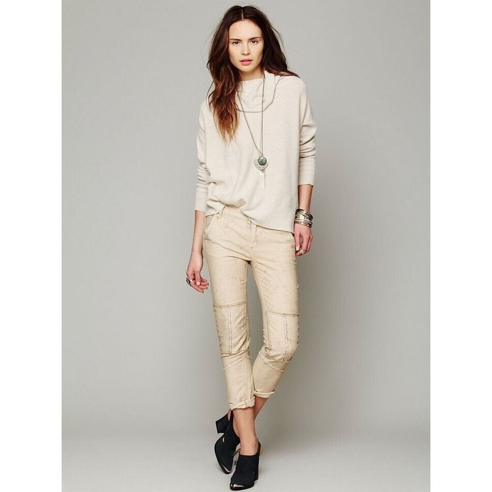 #5b NWOT- Free People Double Knee Mid Rise Moto‎ Work Cream Pants Sz:10
